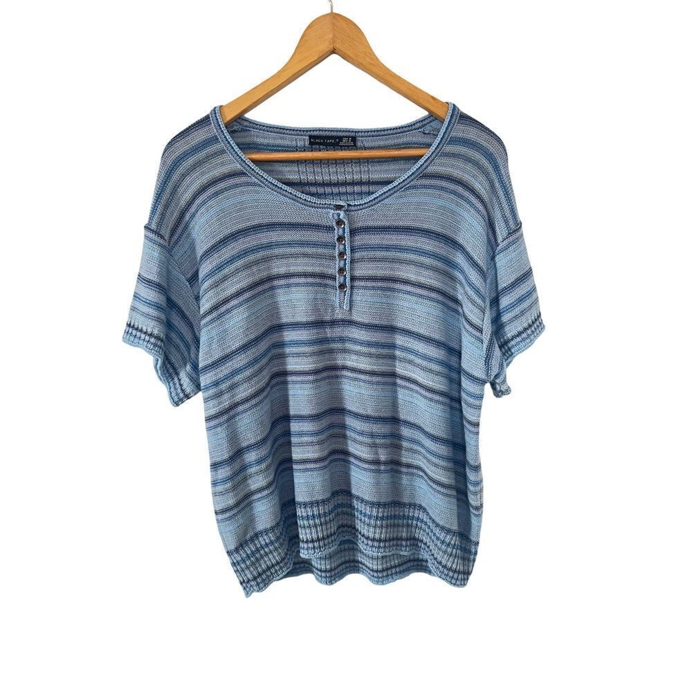 Black Tape_‎ Blue Stripes Henley Neckline Short Sleeve Cotton Sweater